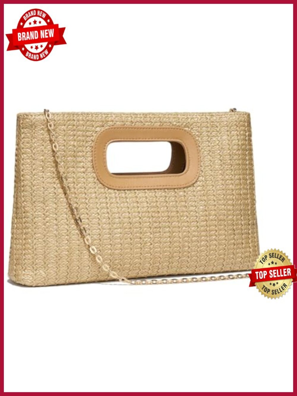 Raffia Woven Straw Clutch Top Handle Crossbody Handbag with Detachable Chain